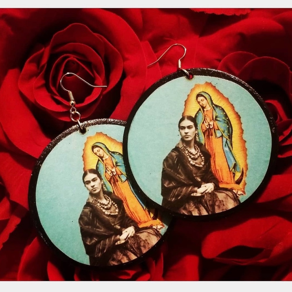 FRIDA KAHLO ♥️ Virgin Mary Wood Earrings Handmade Mexican Artist Guadalupe Icon - Picture 11 of 14